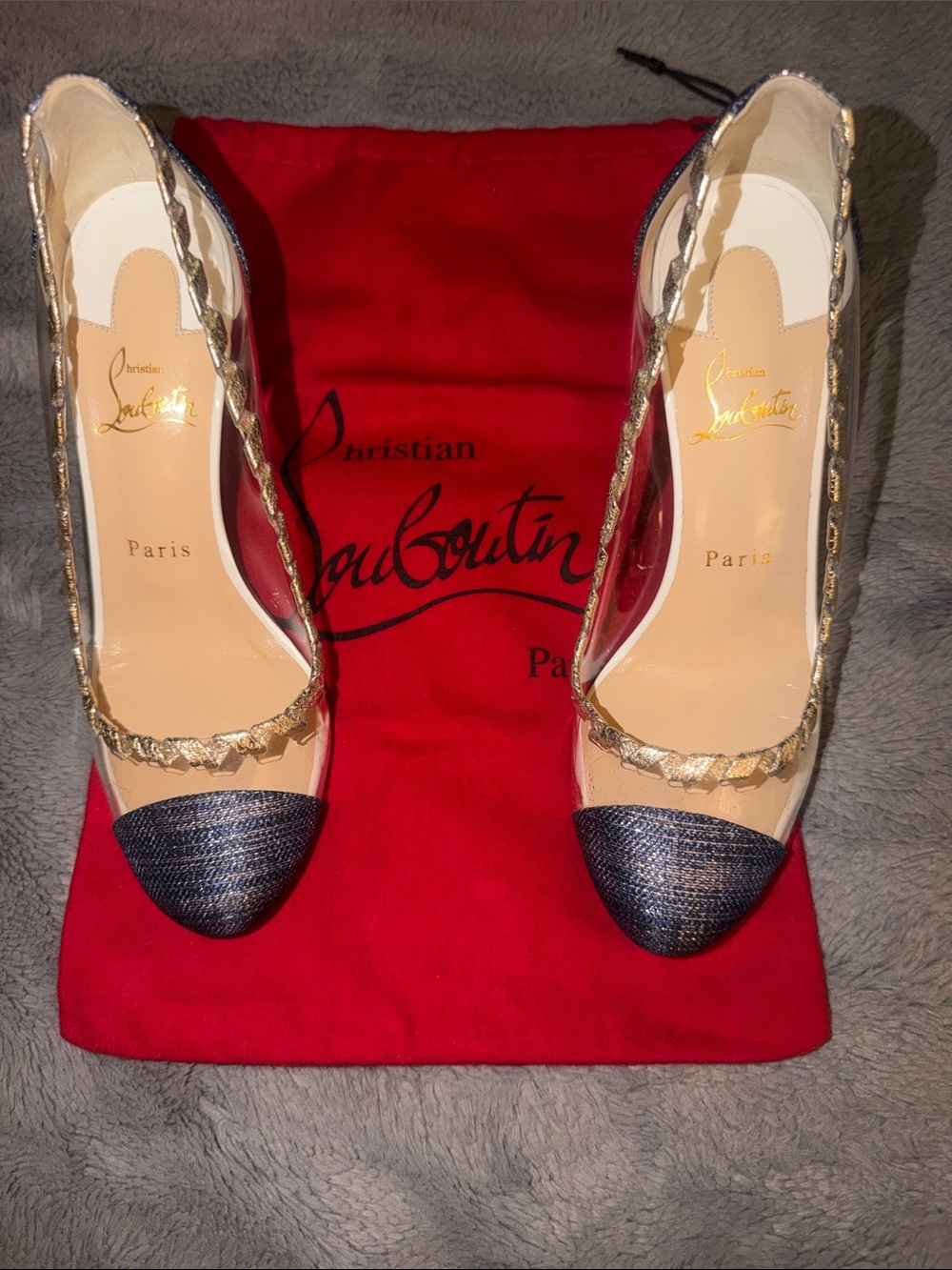 Preloved Christian Louboutin Navy and Gold Braided-Trim Pointed Pumps